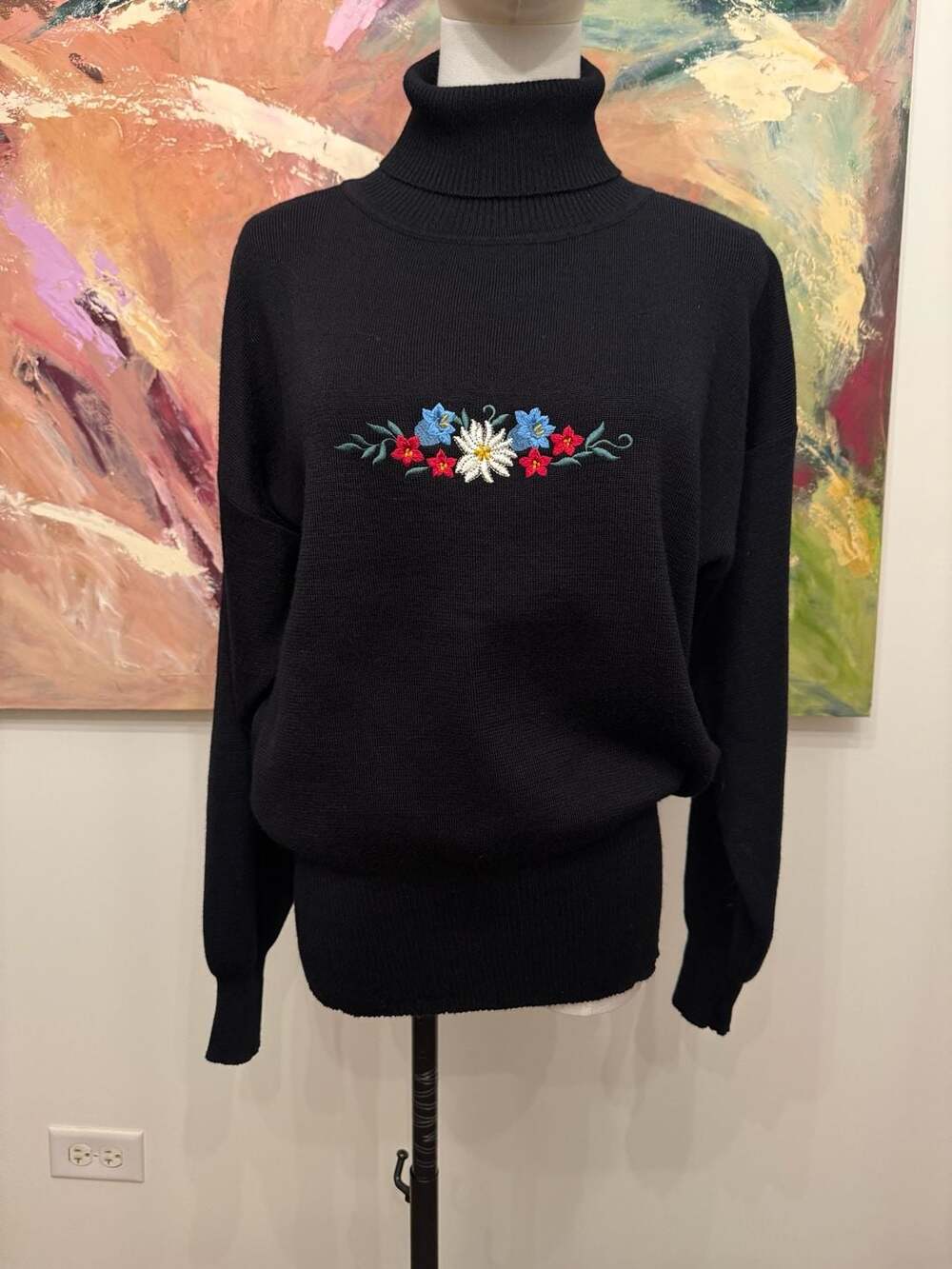 Meister Vintage Black Floral Embroidered Wool Blend Turtleneck Sweater Sz L